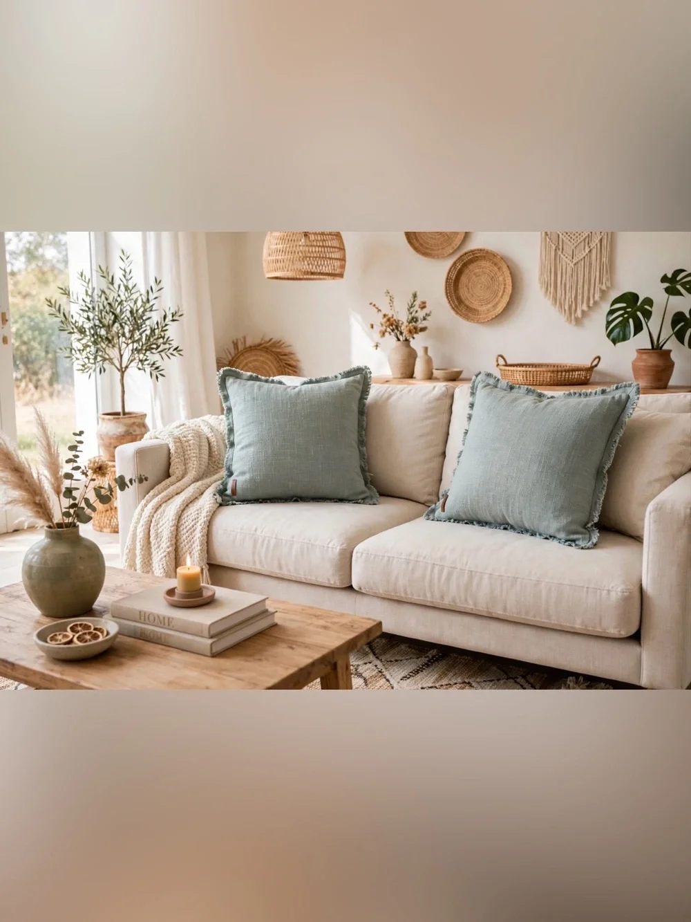 Set of 2 By Anthropologie 20x20 Washed Linen Throw Pillows Fringe Edge Sage Blue